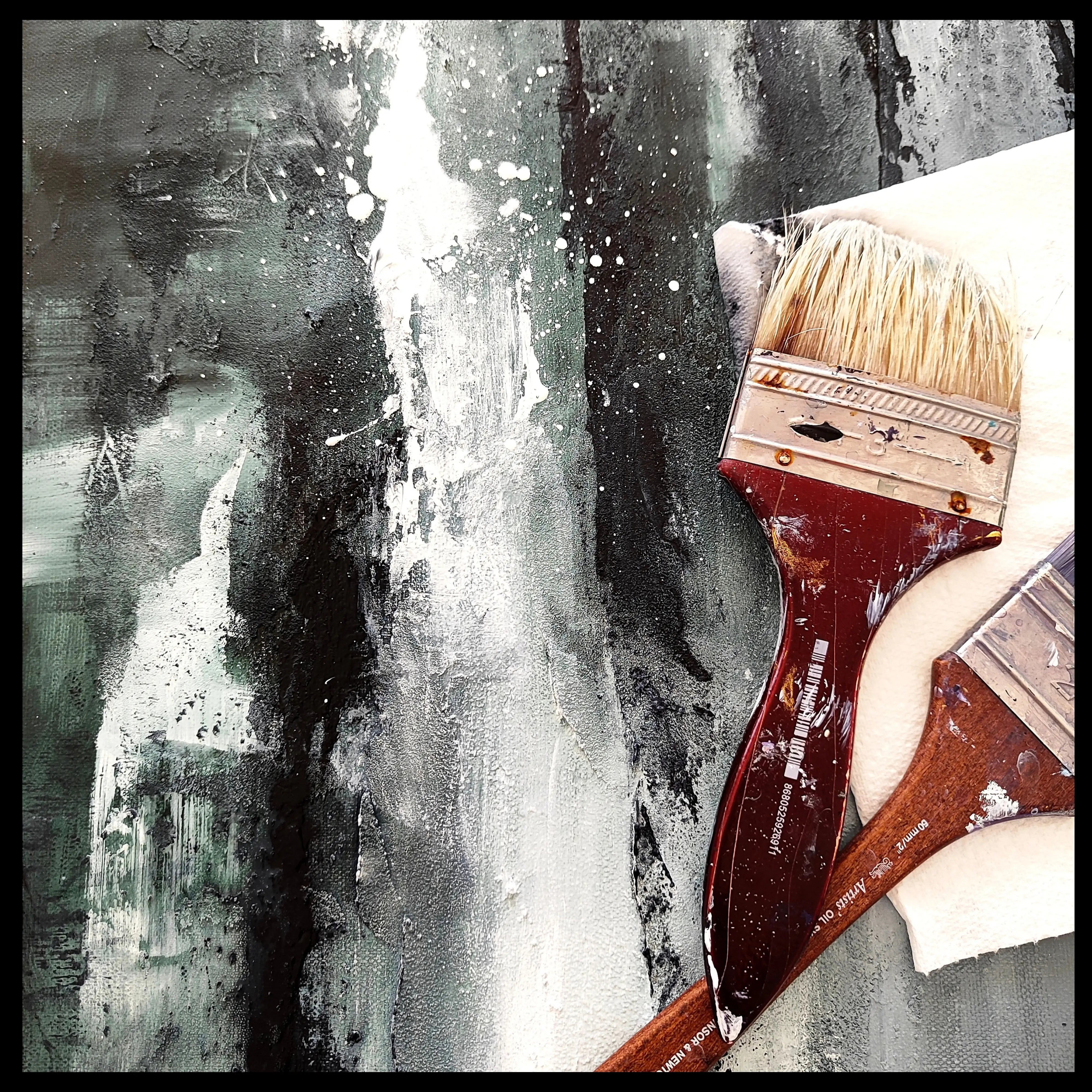 Close up on a large colourful abstract painting in artist studio of Anez Ka, contemporary artist.