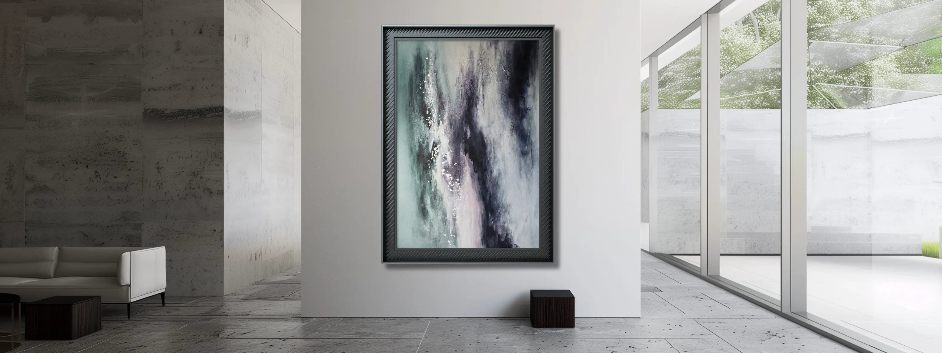 Contemporary modern space with large colourful abstract wall art and designer sofa.