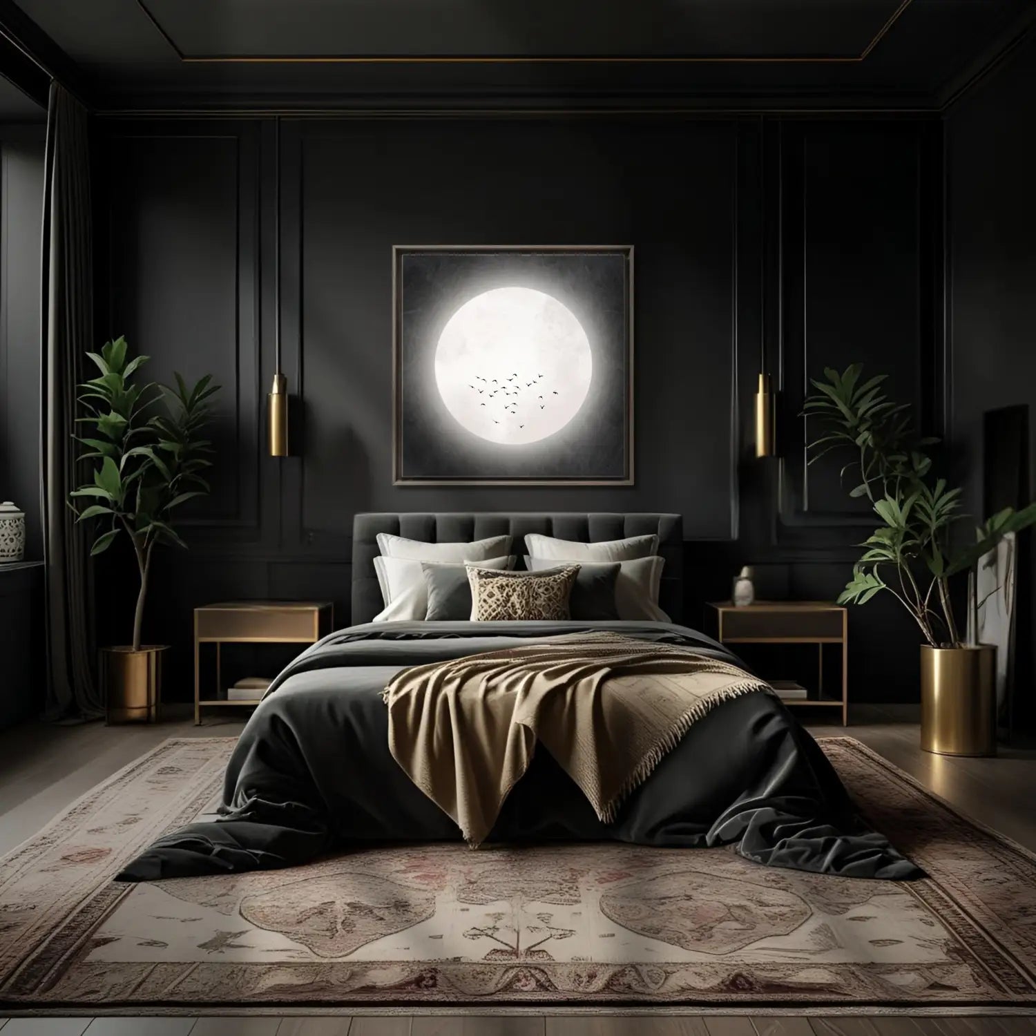 Drifting serenity - Black Japandi Moon Canvas Wall Art