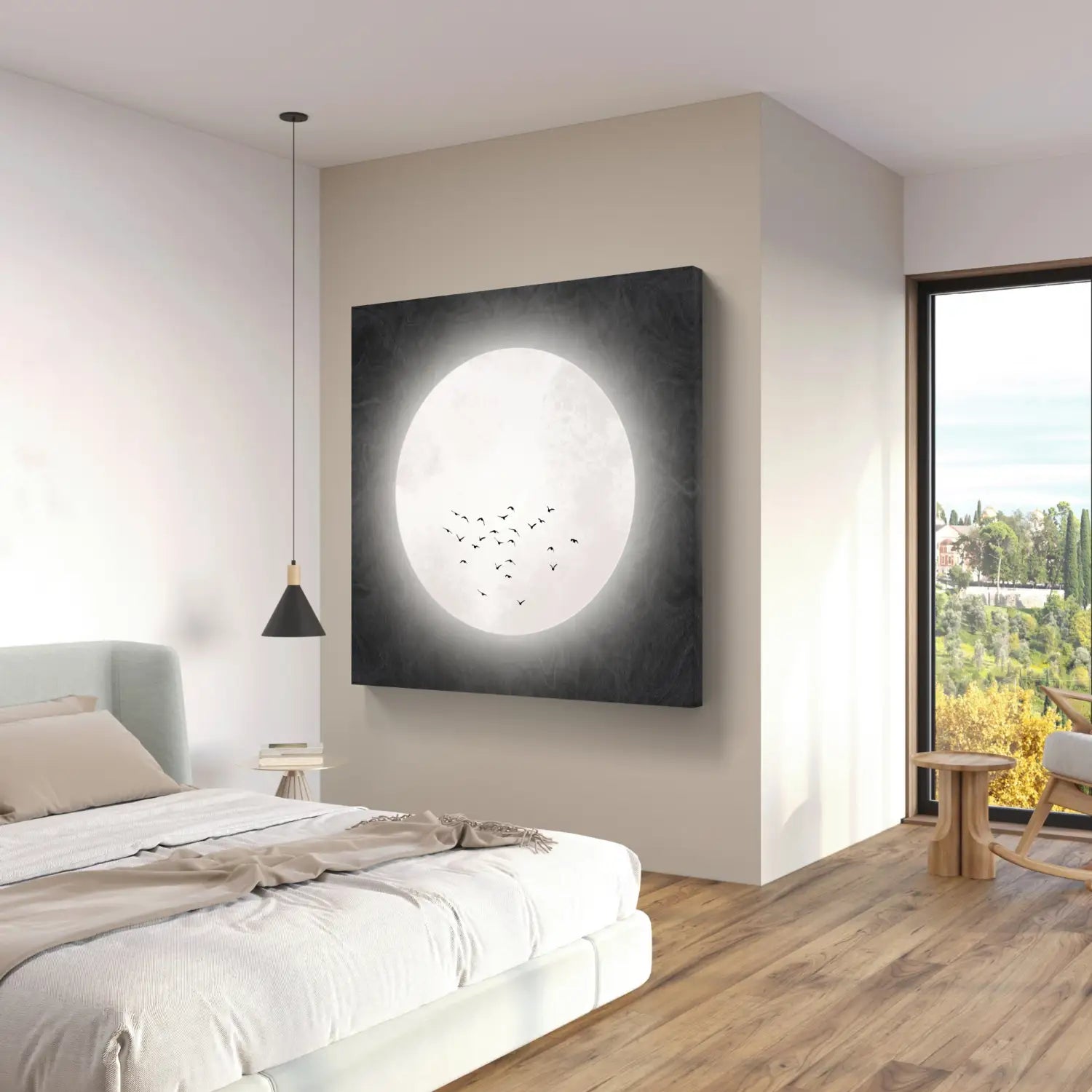 Drifting serenity - Black Japandi Moon Canvas Wall Art