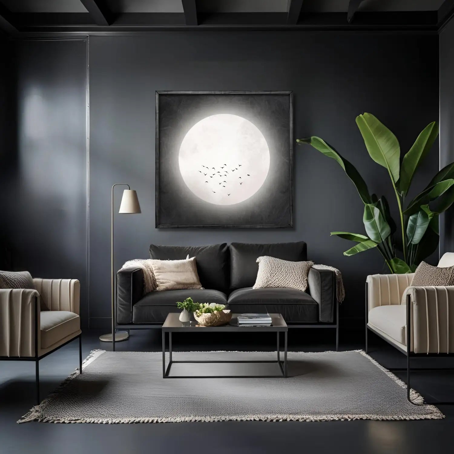 Drifting serenity - Black Japandi Moon Canvas Wall Art