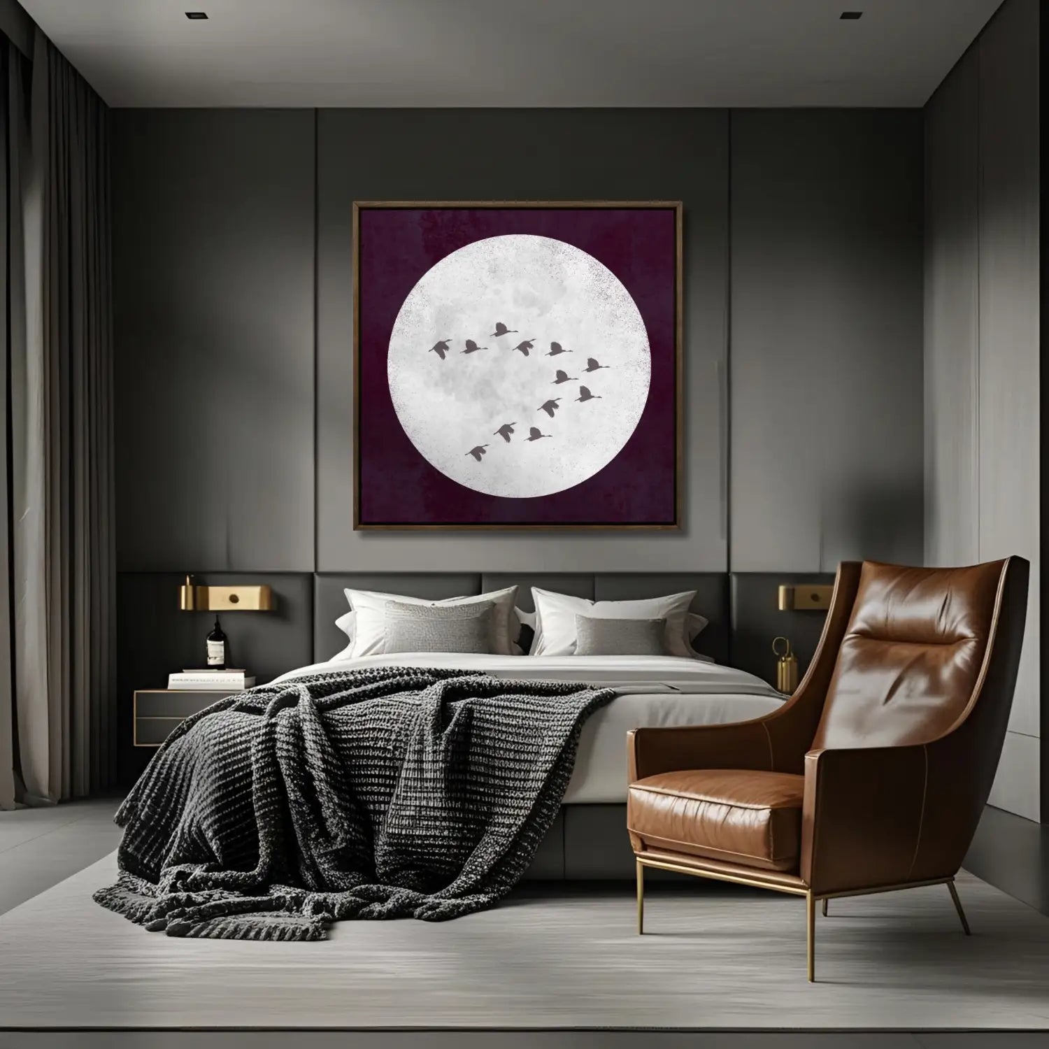 Beyond contemplation - Burgundy Japandi Moon Canvas Print Art
