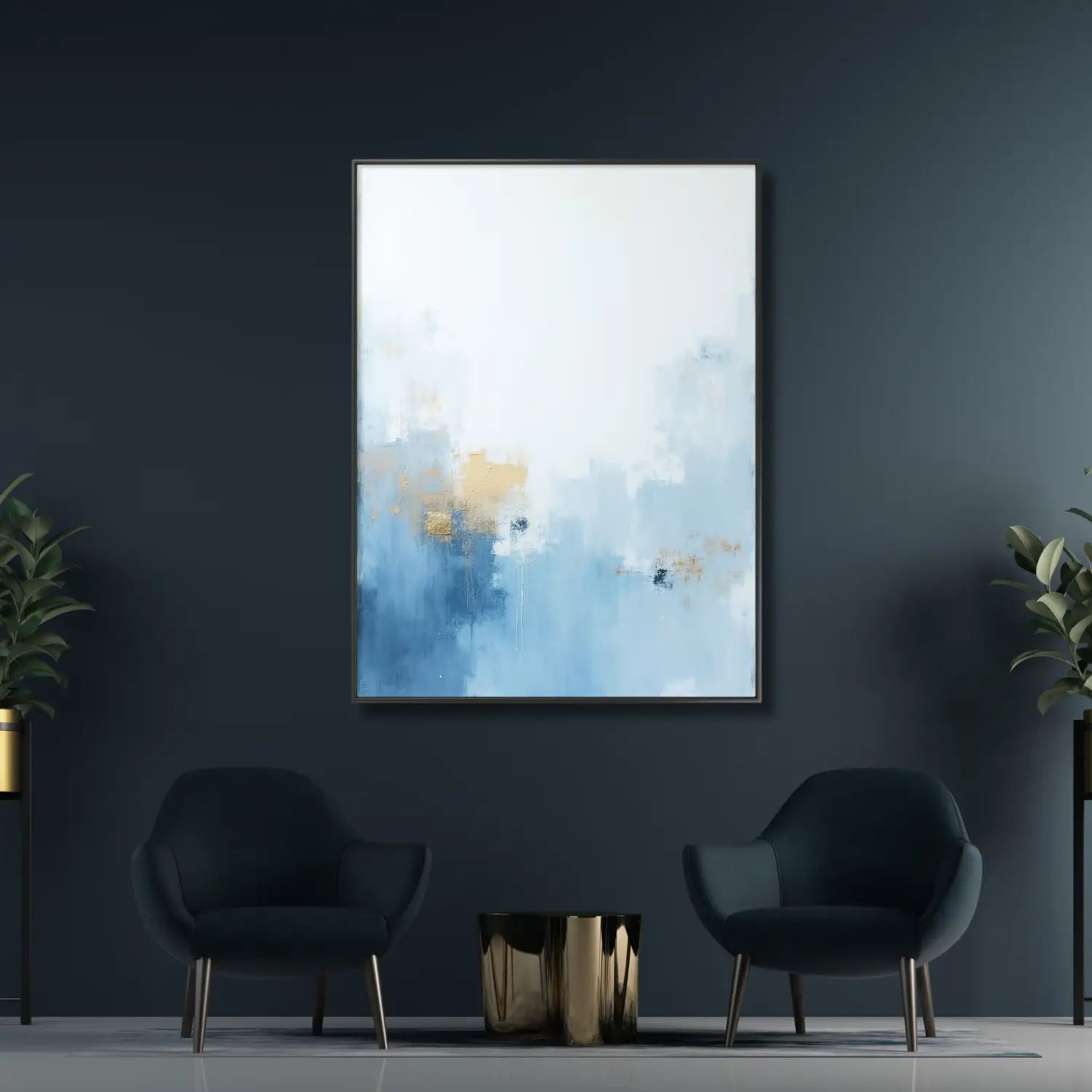 Celestial Dream - Arte mural minimalista en dorado y azul.