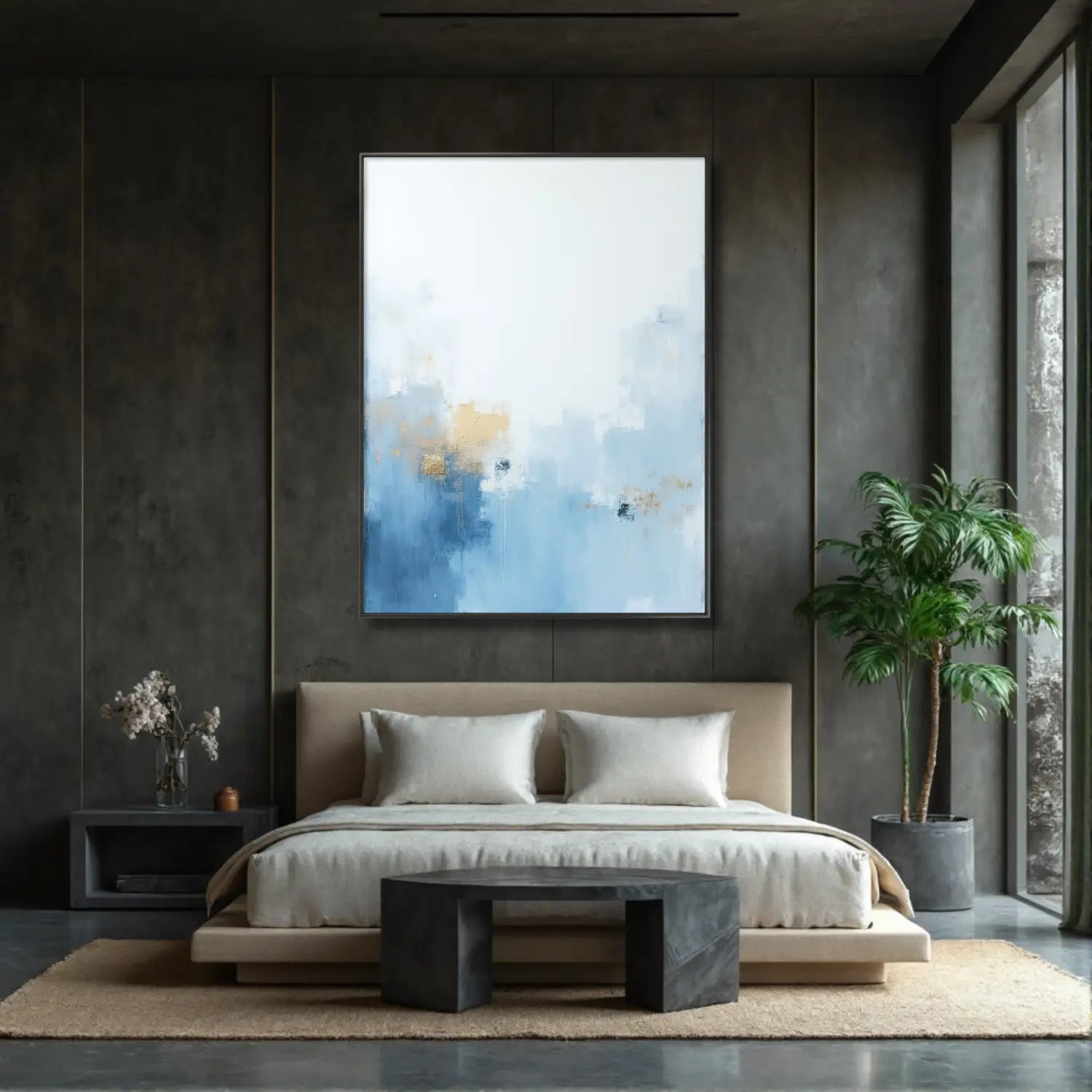 Celestial Dream - Arte mural minimalista en dorado y azul.
