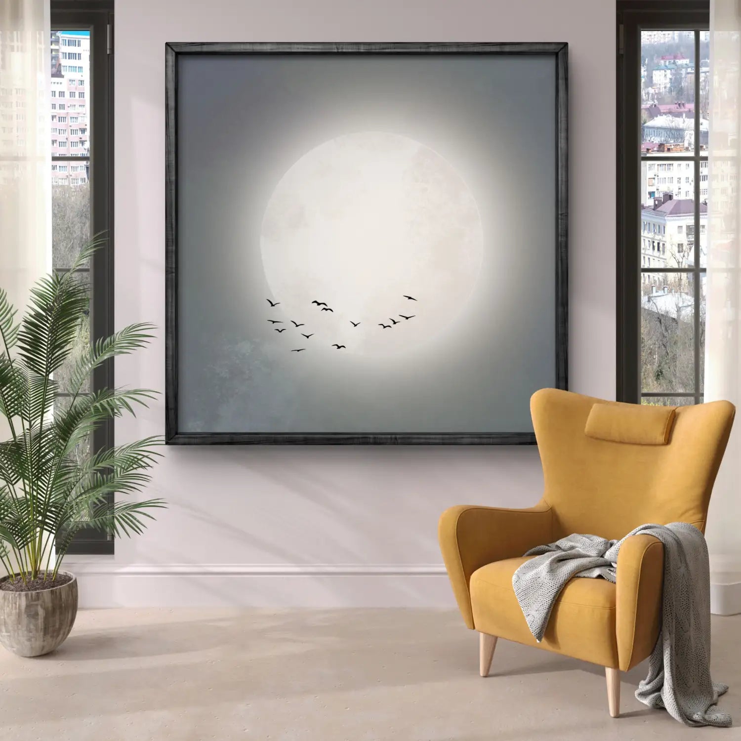 Beyond the moon - Blue Japandi Moon Canvas Wall Art Print