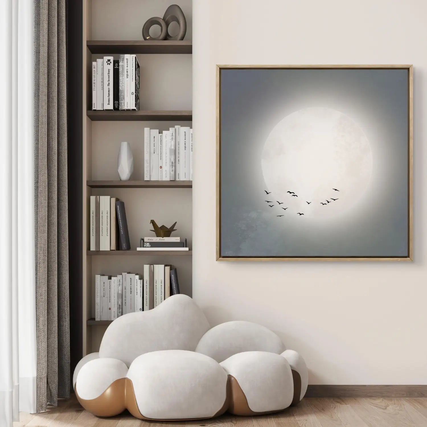 Beyond the moon - Blue Japandi Moon Canvas Wall Art Print