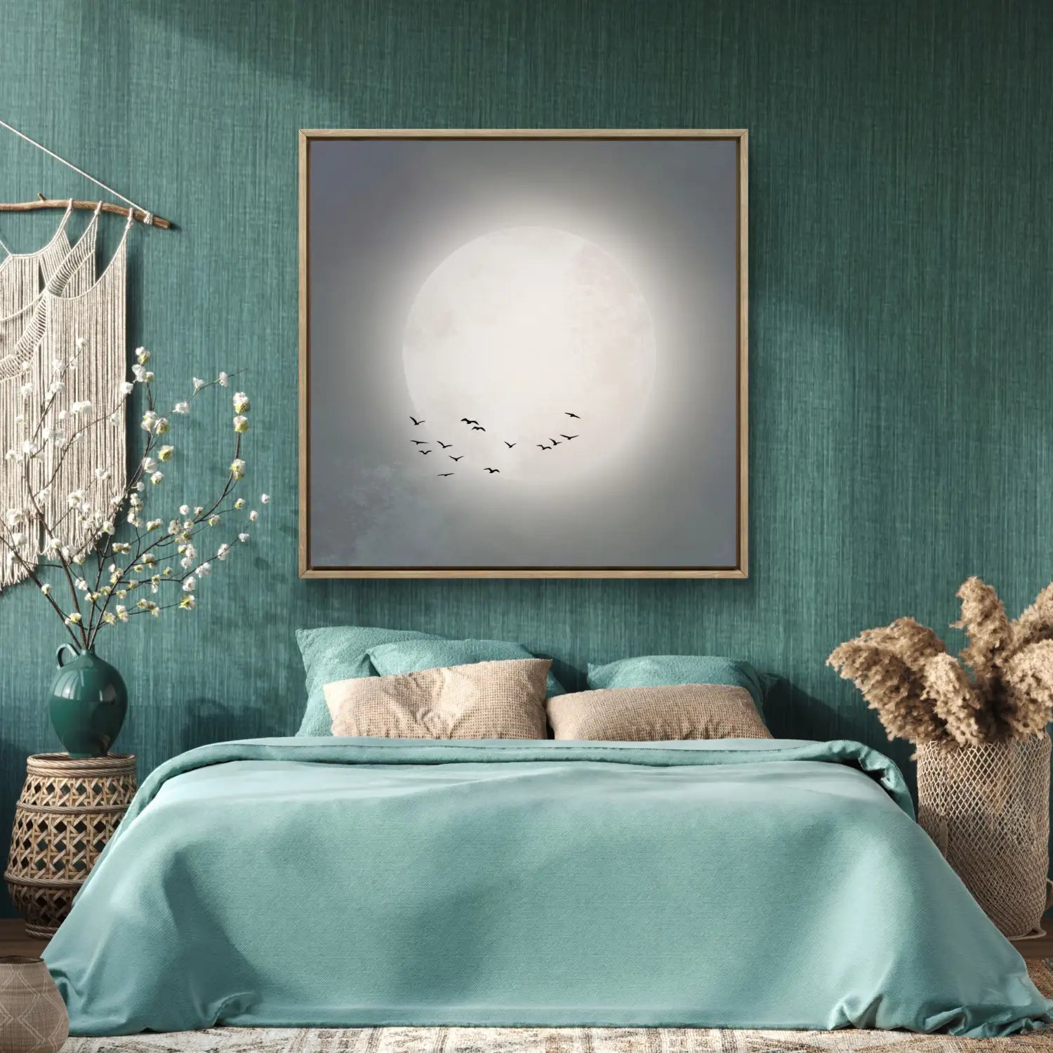 Beyond the moon - Blue Japandi Moon Canvas Wall Art Print