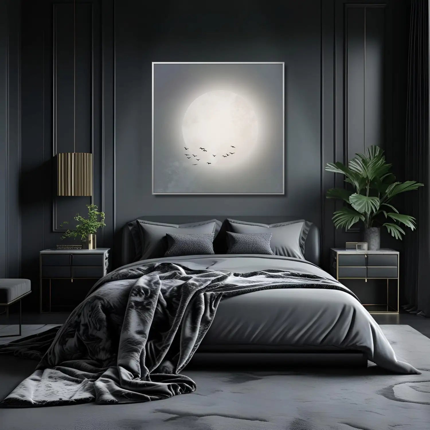 Beyond the moon - Blue Japandi Moon Canvas Wall Art Print