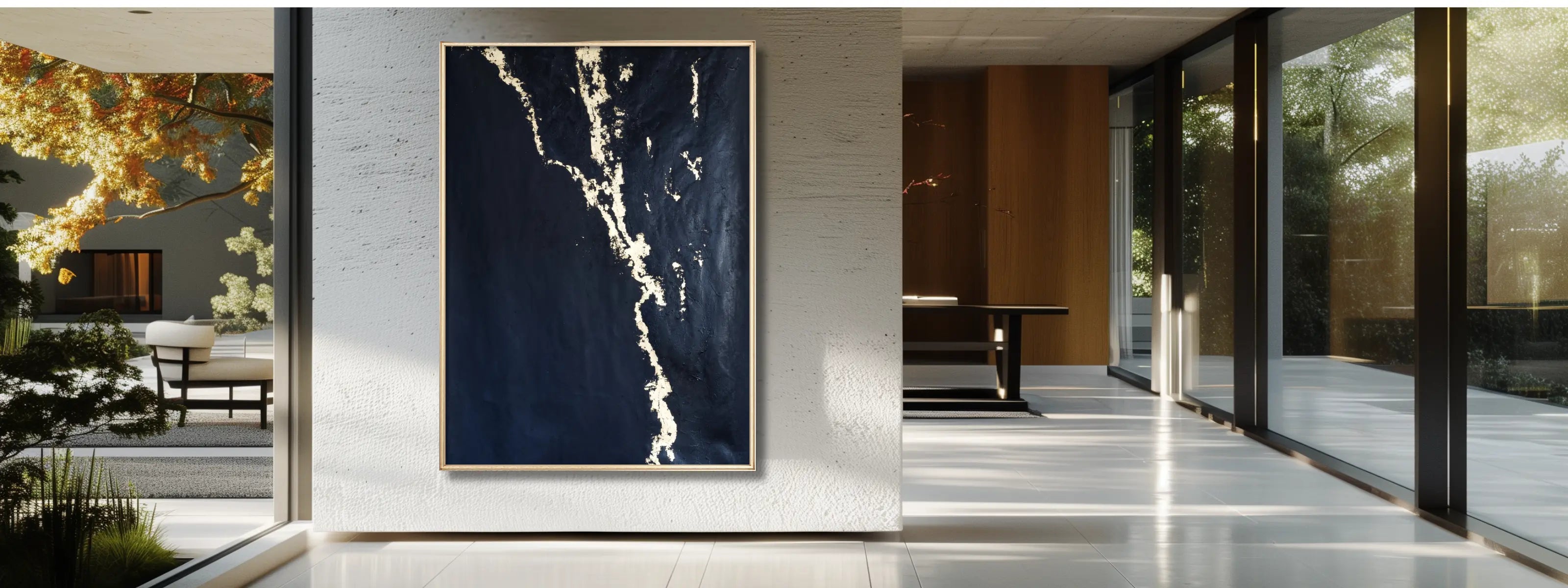 Minimalist entry space with framed Gold Wall Art on an accent wall.