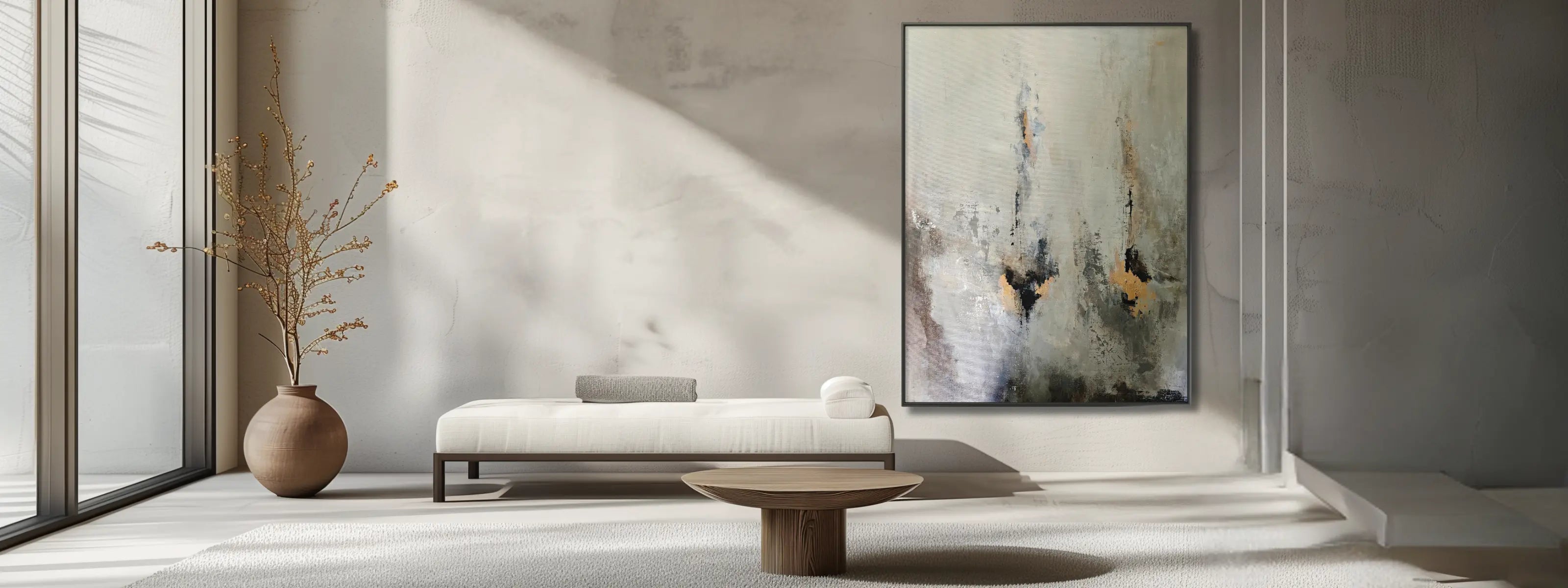 Lounge room with a designer sofa and wooden accessories and a large canvas painting with gold accents.