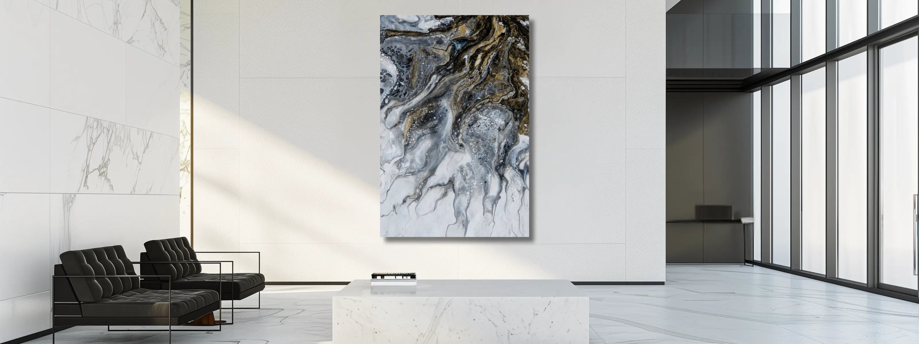 Modern living room with black designer armchairs and large wall art wood decor on the white wall.