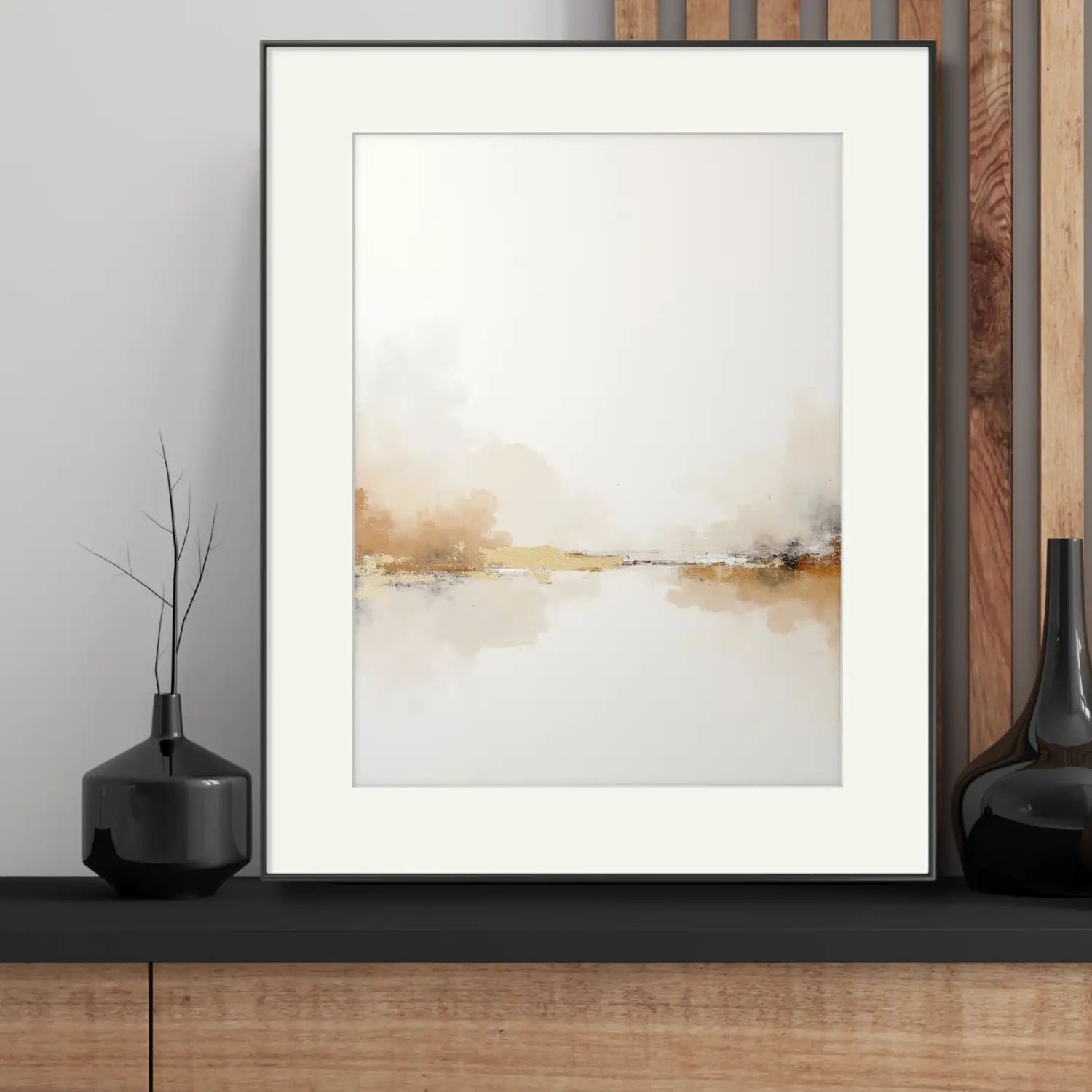 Stille - Minimalistische abstrakte Landschaft in weißer und beigefarbener digitaler Kunst