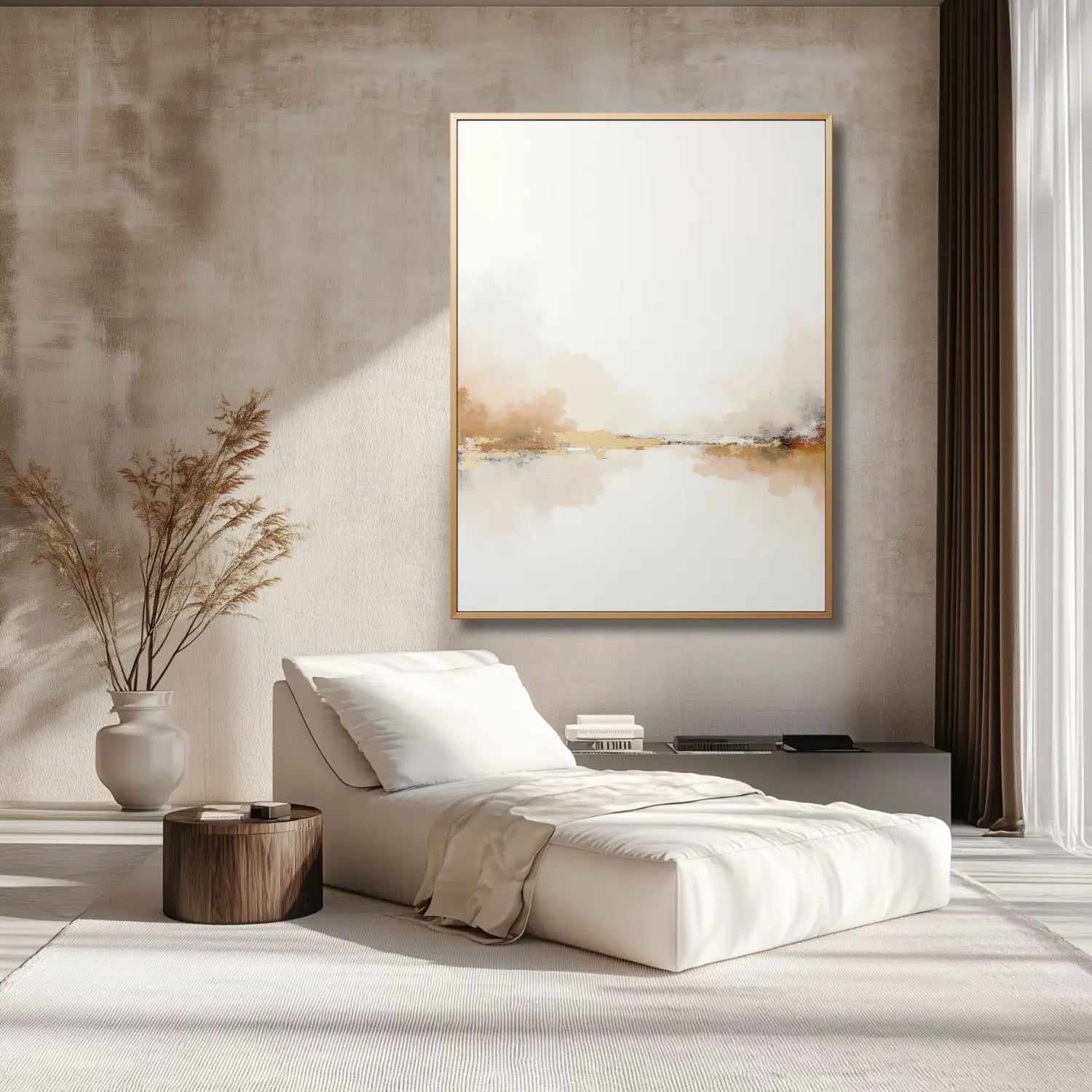 Stille - Minimalistische abstrakte Landschaft in weißer und beigefarbener digitaler Kunst