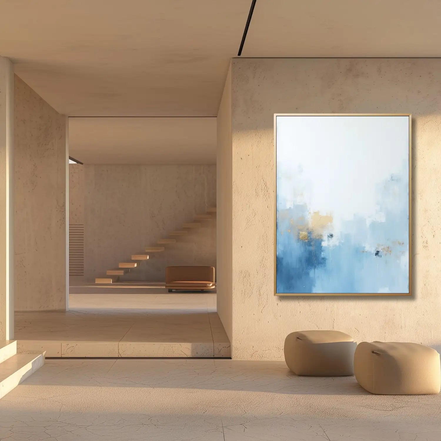 Celestial Dream - Arte mural minimalista en dorado y azul.