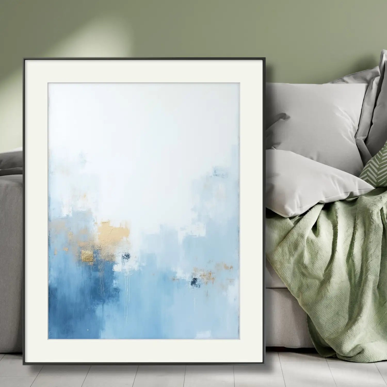 Celestial Dream - Arte mural minimalista en dorado y azul.