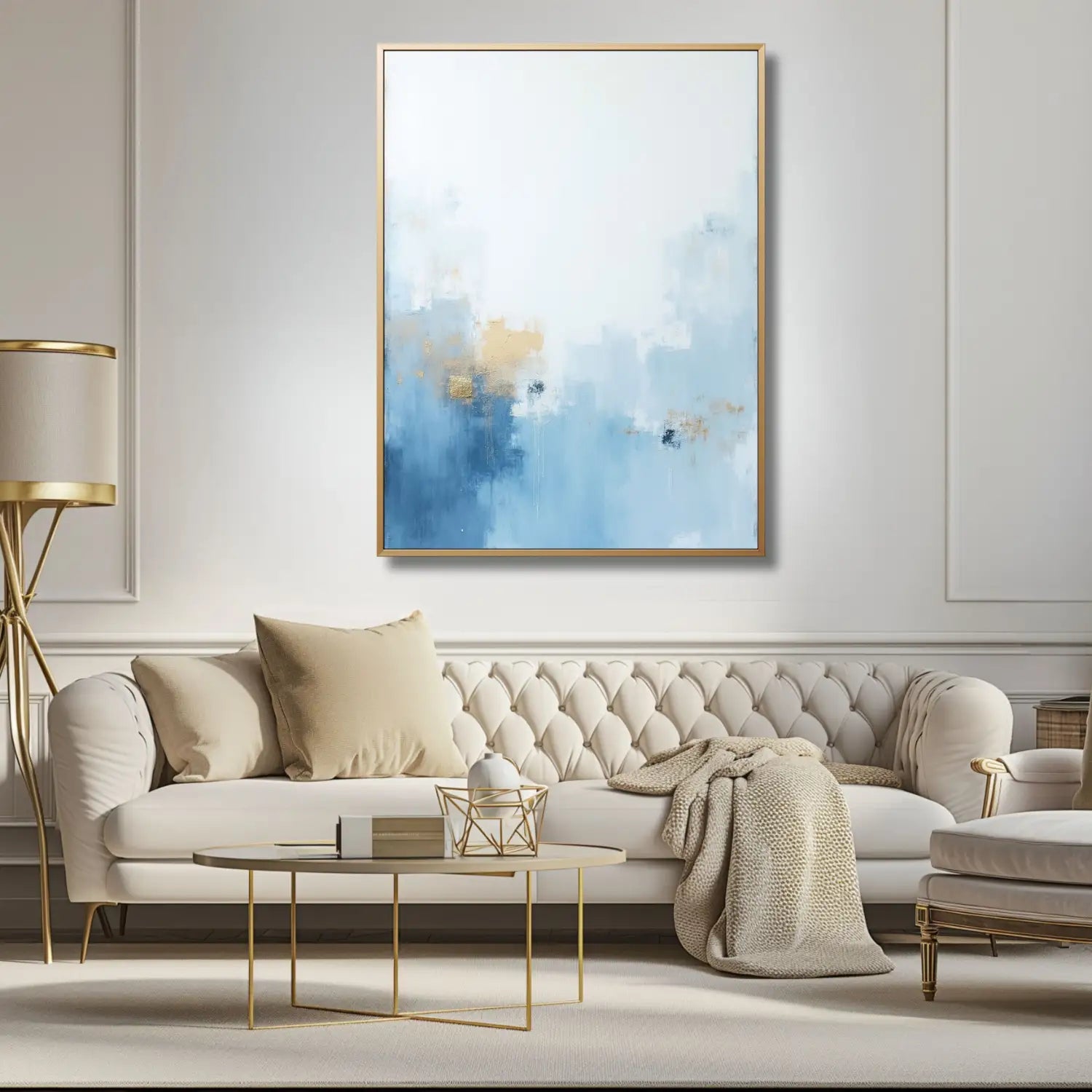 Celestial Dream - Arte mural minimalista en dorado y azul.