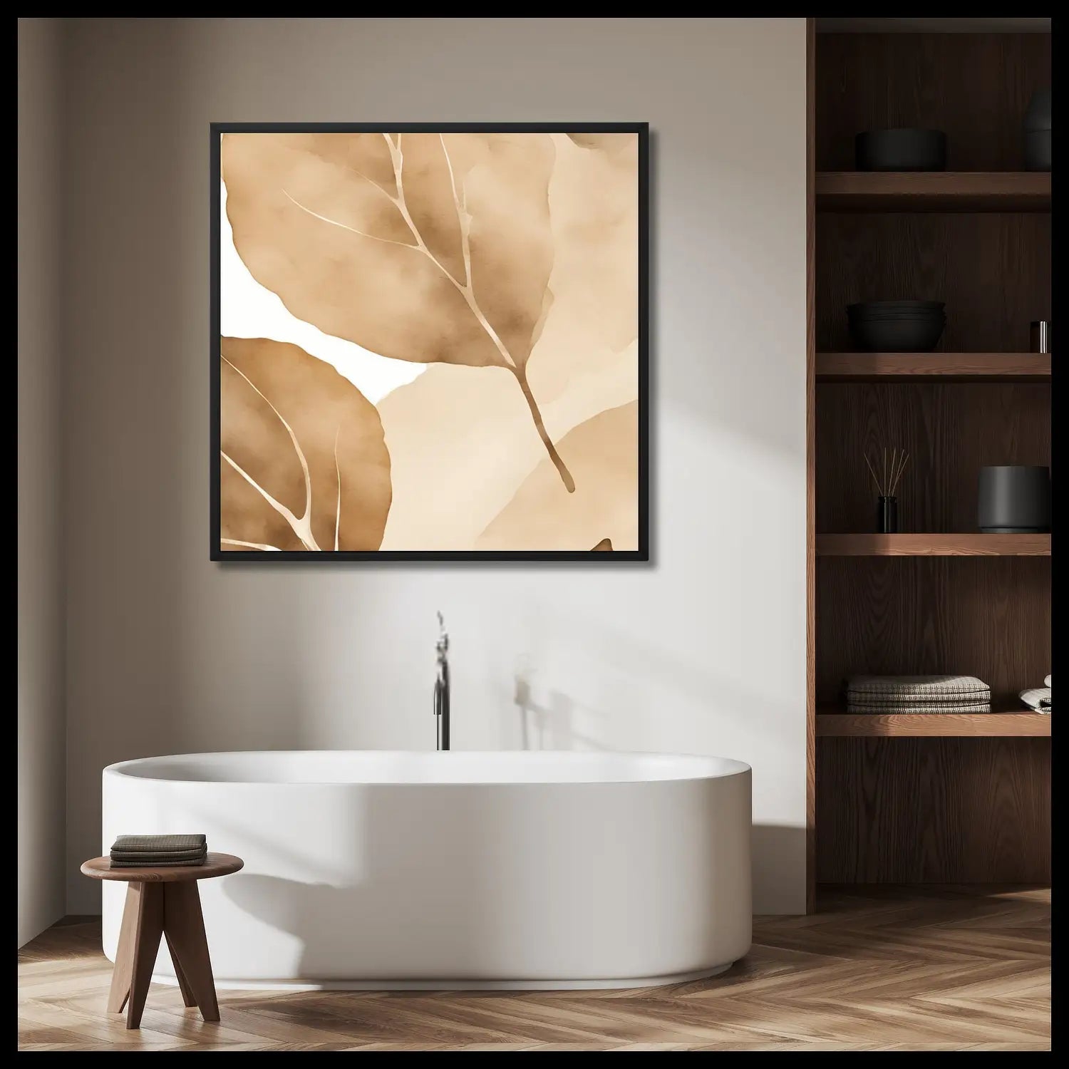 Sanctuary Botanical Print in Tan in an asian inspired bedroom with wood and black accessories.