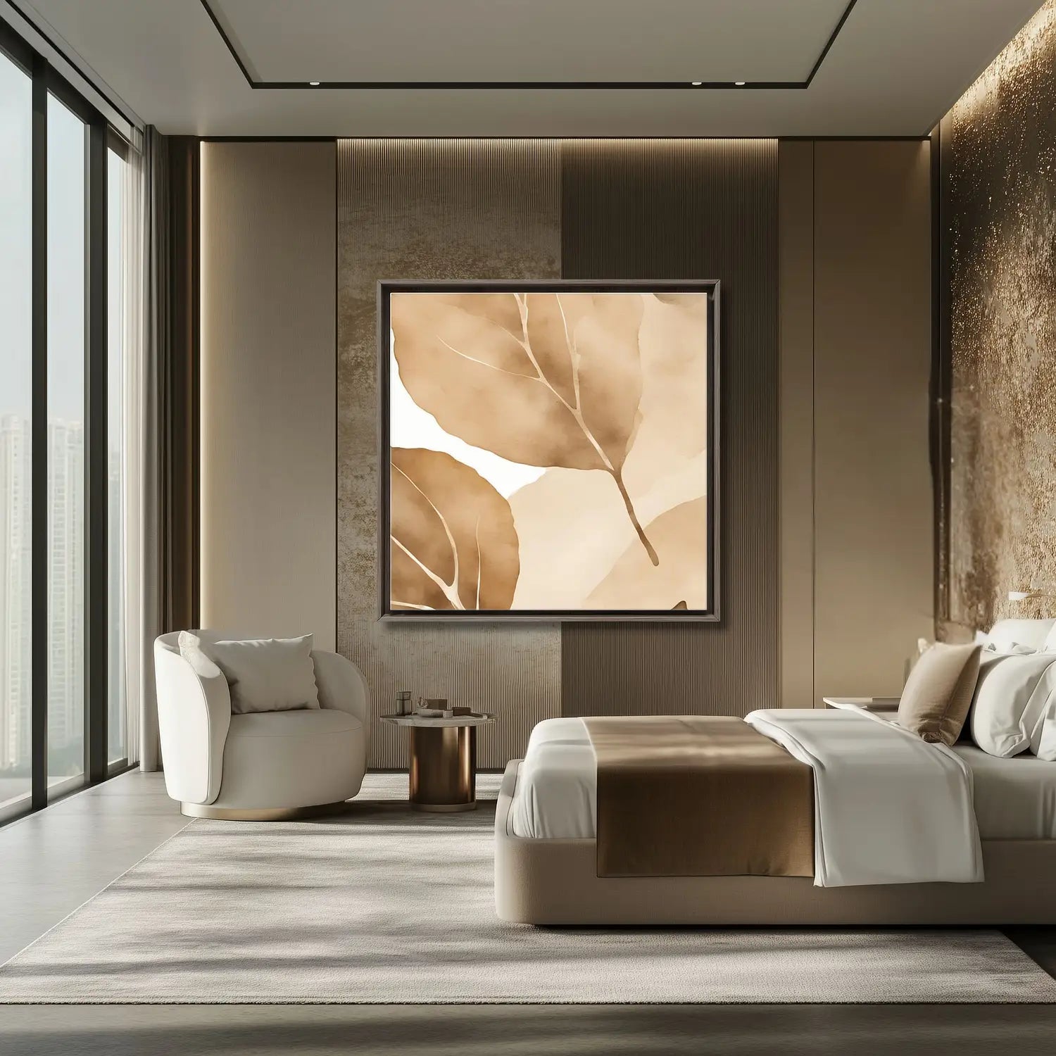 Sanctuary_Botanical Canvas Print in a brown wooden frame in a modern tan bedroom.