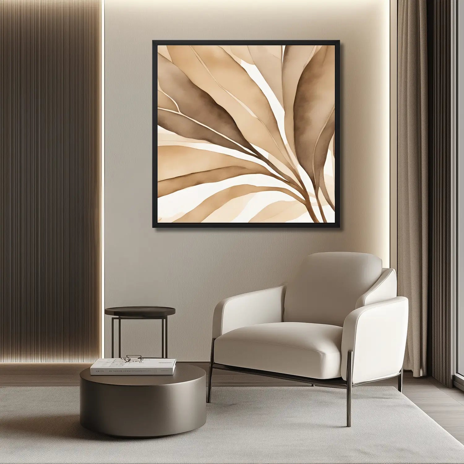 Modern launge room in beige with framed abstract wall art in tan and white cozy armchair.