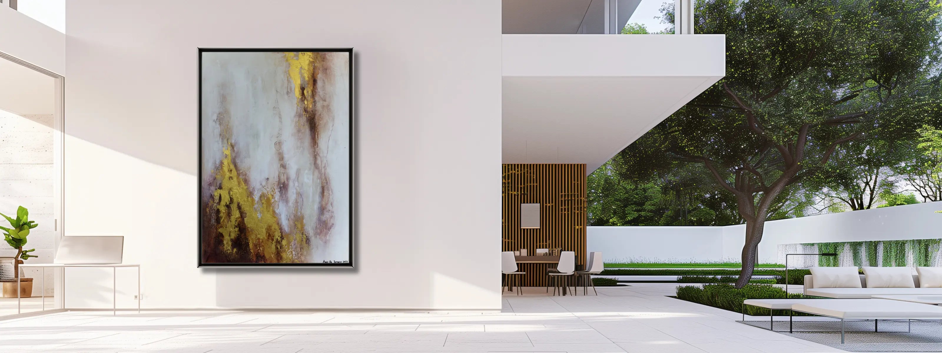White luxury modern patio with designer furniture and hand painted abstract painting in a luxury frame. 