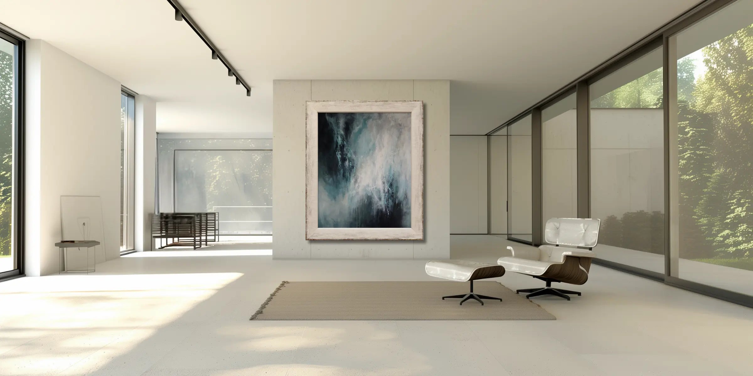 Modern luxury interior with designer armchair and a large abstract painting in white, black and blue. 
