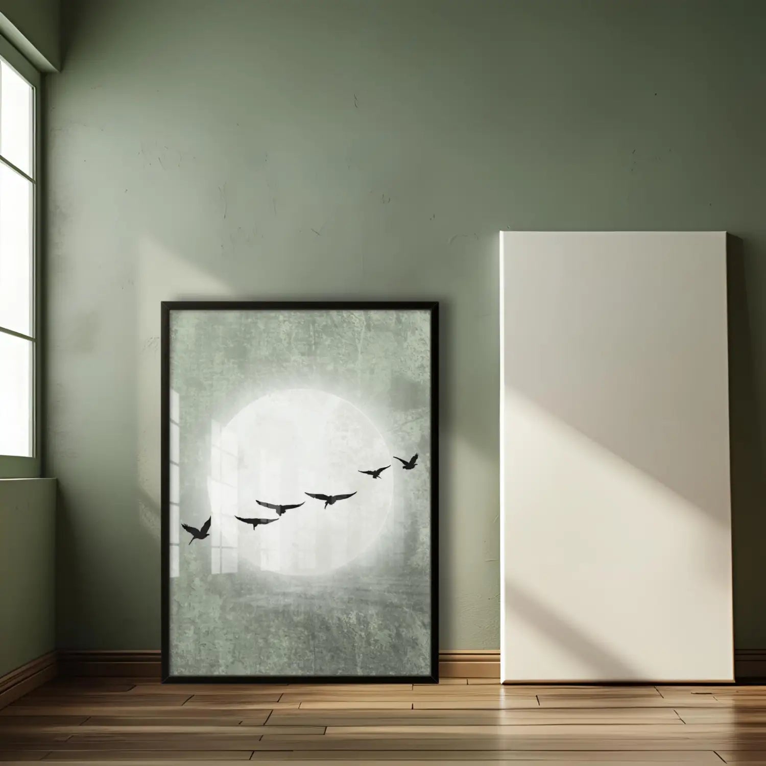 Beyond tranquillity - Sage green Japandi Moon Art on Paper