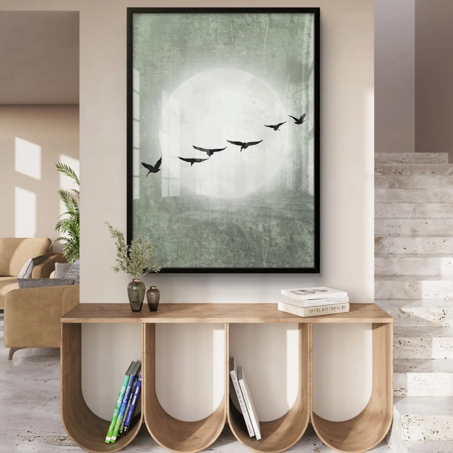Beyond tranquillity - Sage green Japandi Moon Art on Paper