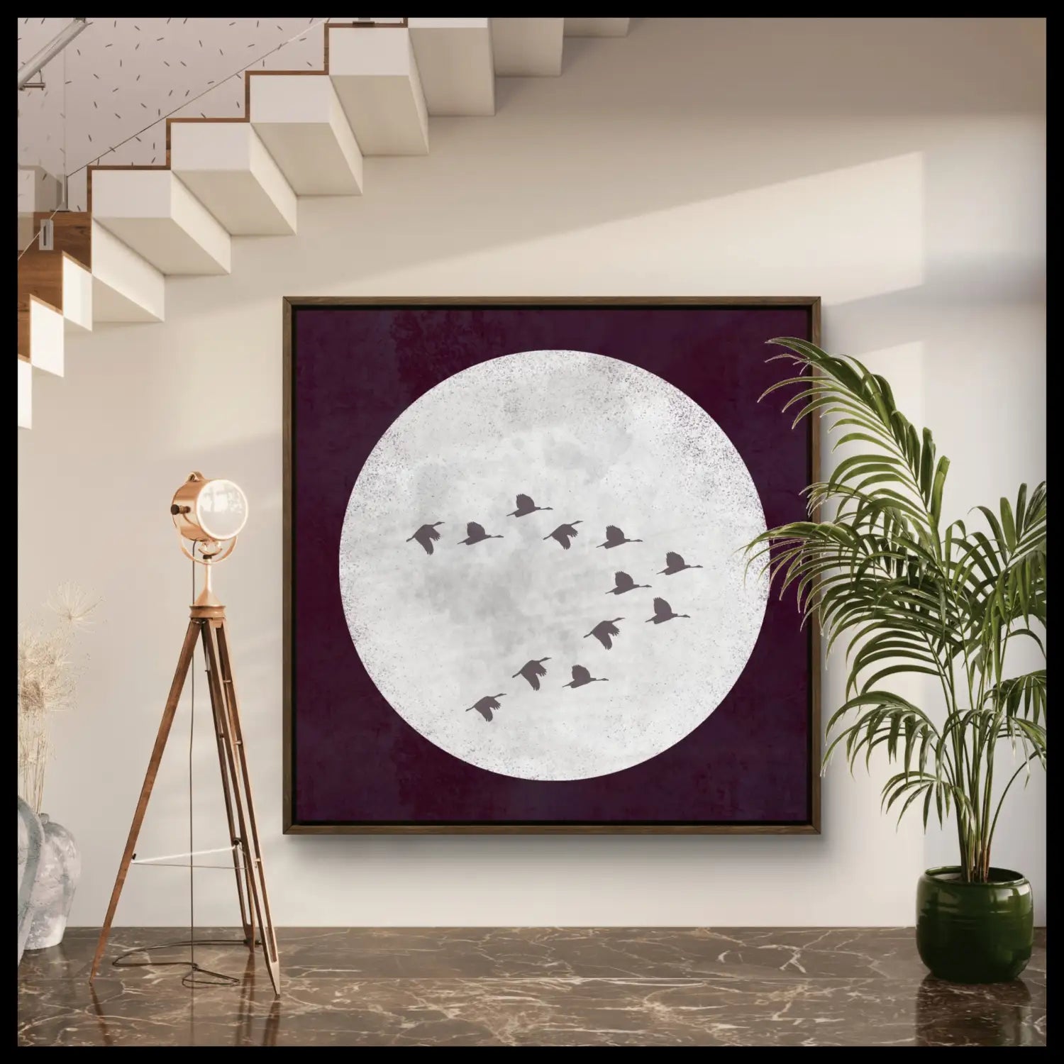 Beyond contemplation - Burgundy Japandi Moon Canvas Print Art