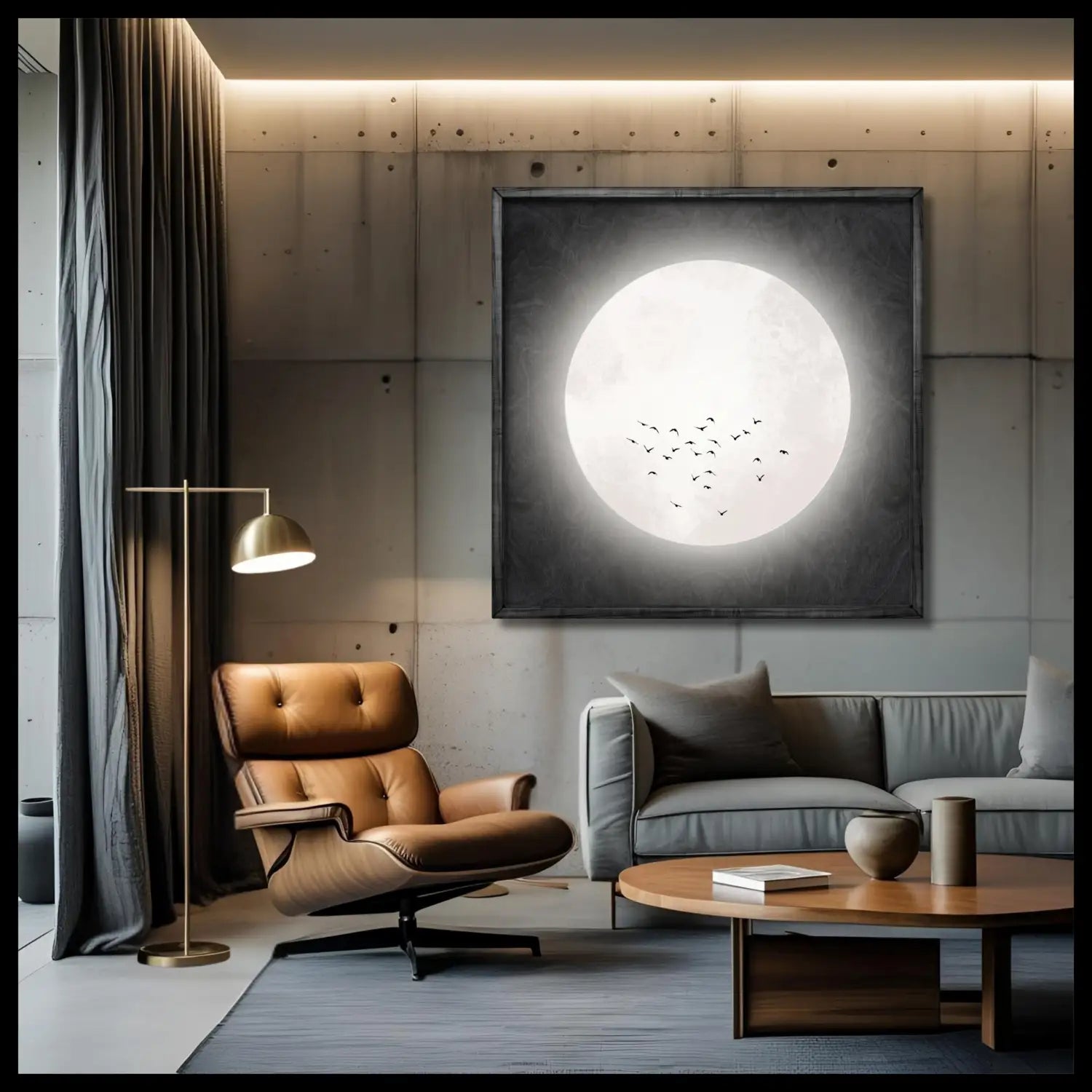 Drifting serenity - Black Japandi Moon Canvas Wall Art