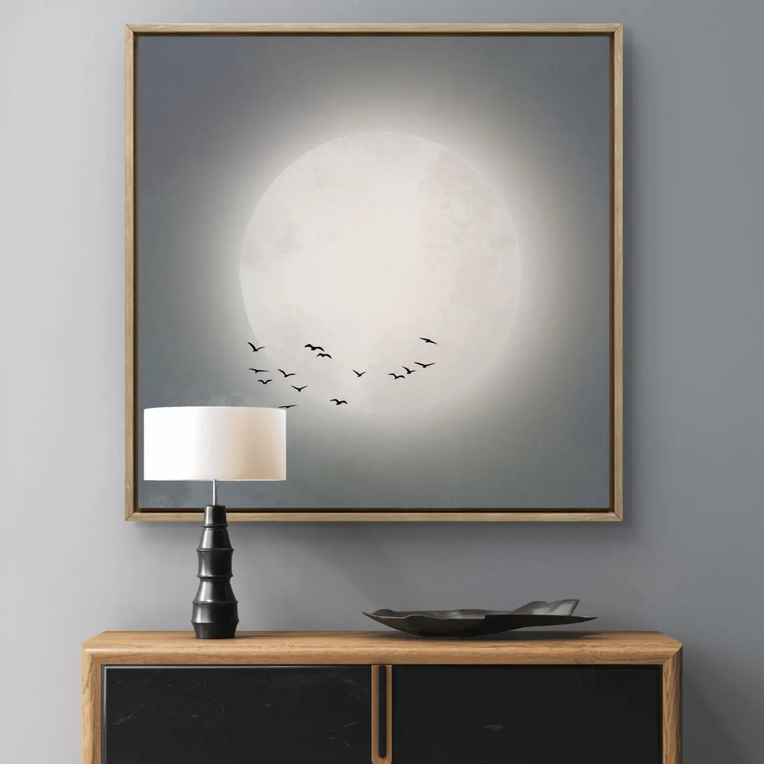 Beyond the moon - Blue Japandi Moon Canvas Wall Art Print