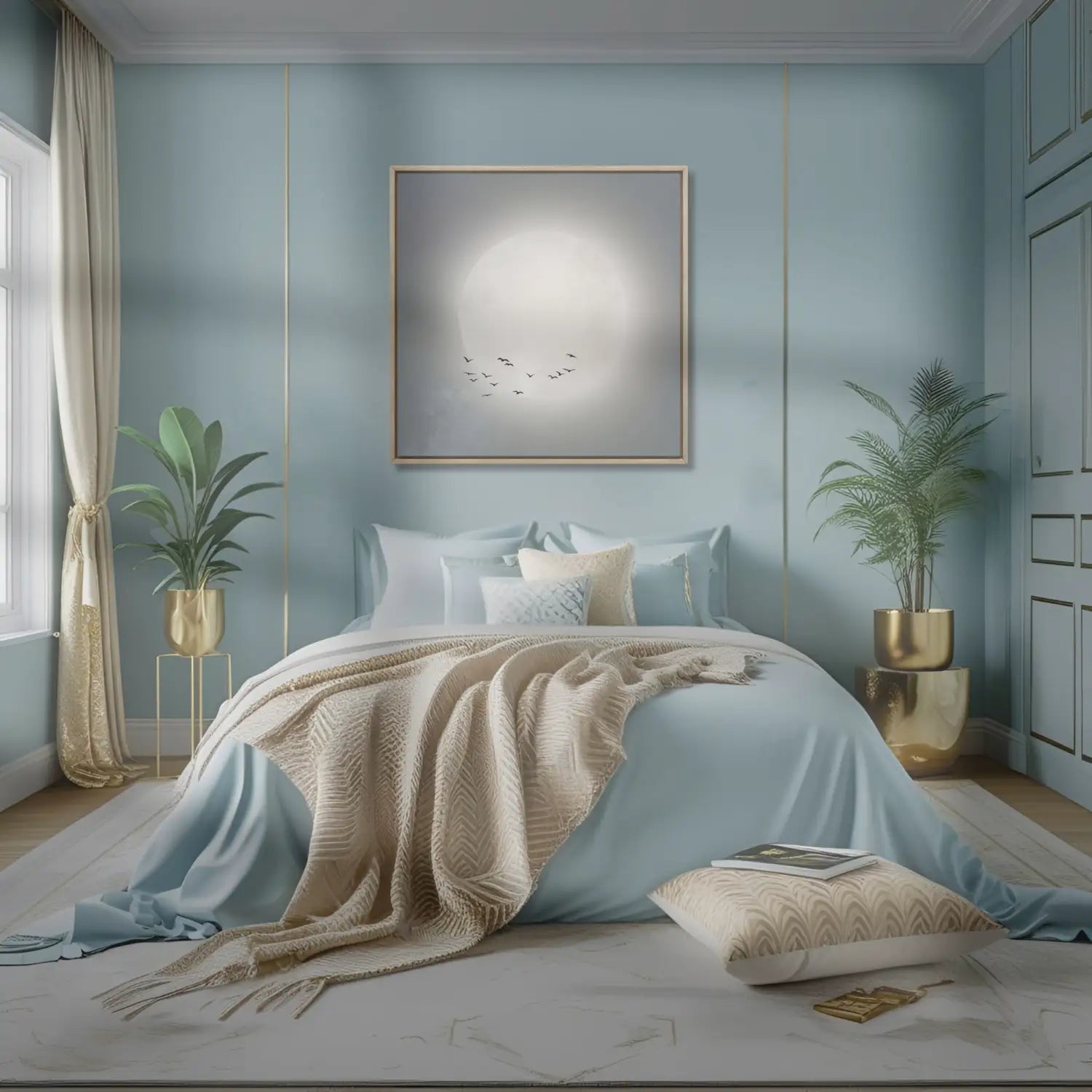 Beyond the moon - Blue Japandi Moon Canvas Wall Art Print