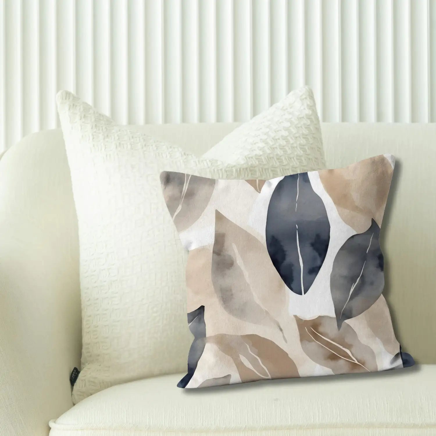 Escape - Floral linen throw pillow in blue and beige