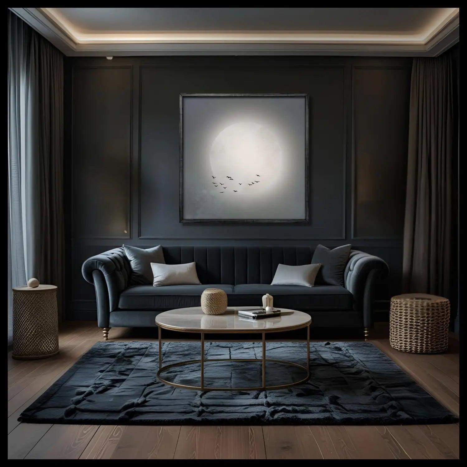 Beyond the moon - Blue Japandi Moon Canvas Wall Art Print