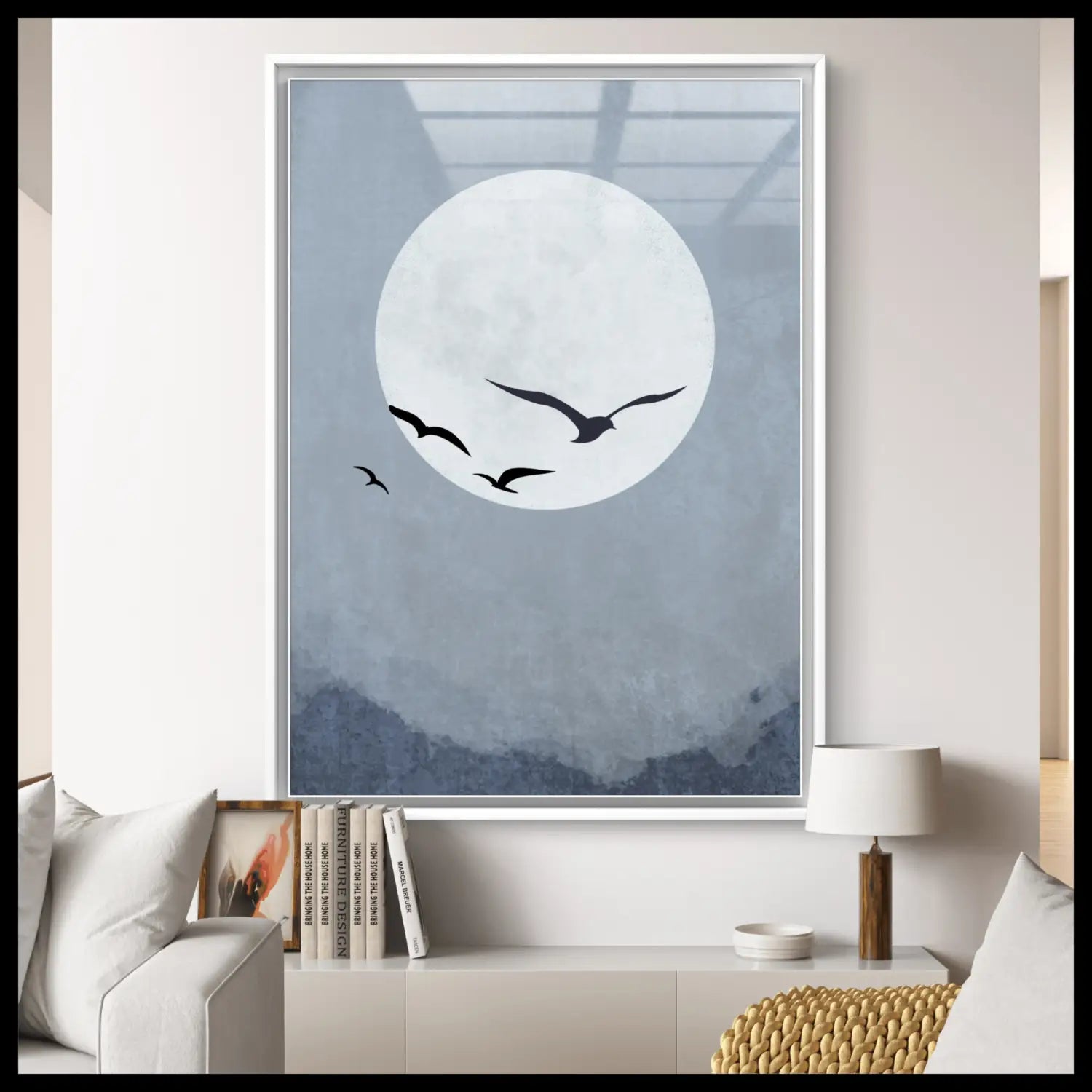 Drifting peace - Blue Japandi Moon Art on fine paper