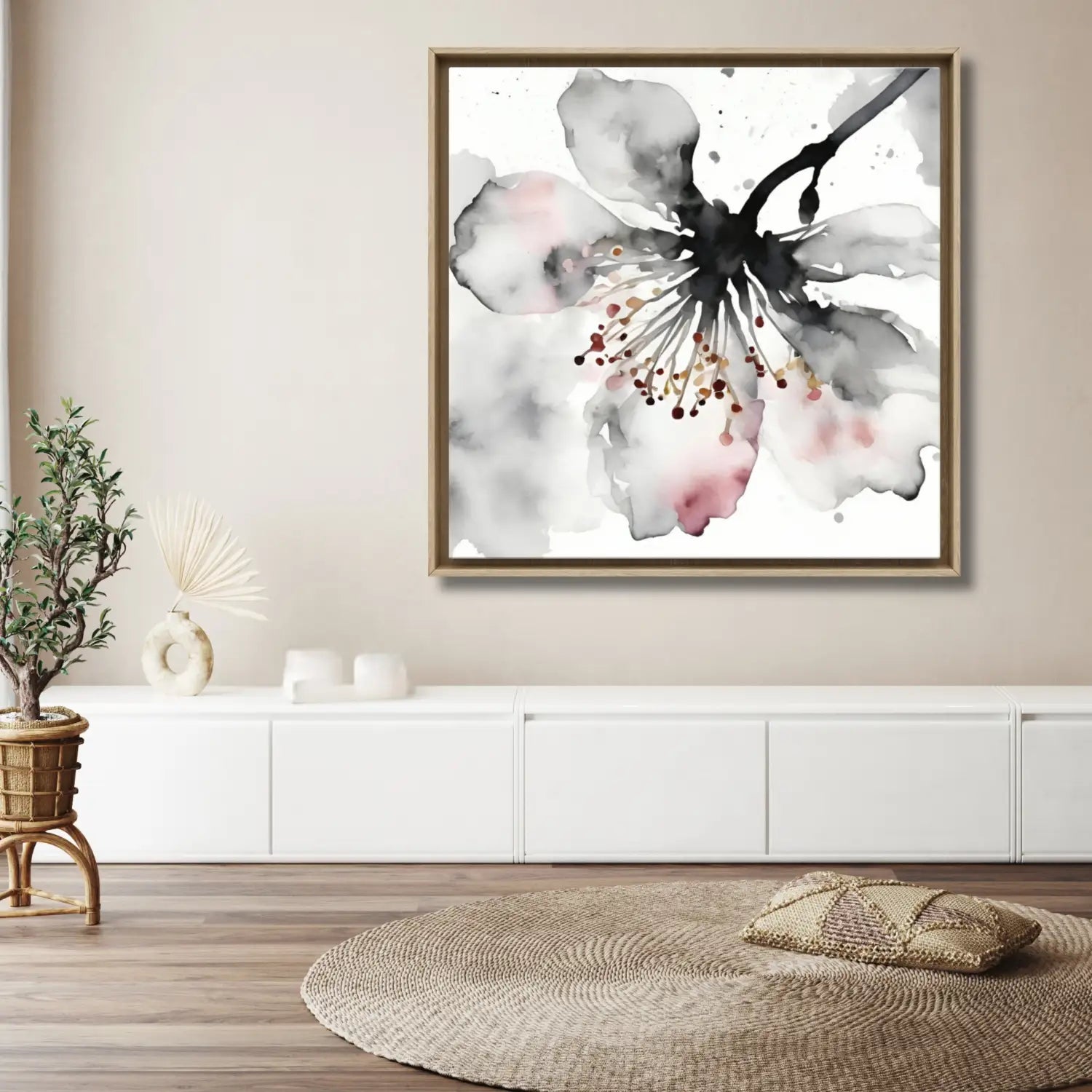 Sakura Whisper – Japandi schwarz-weiße Wandkunst 