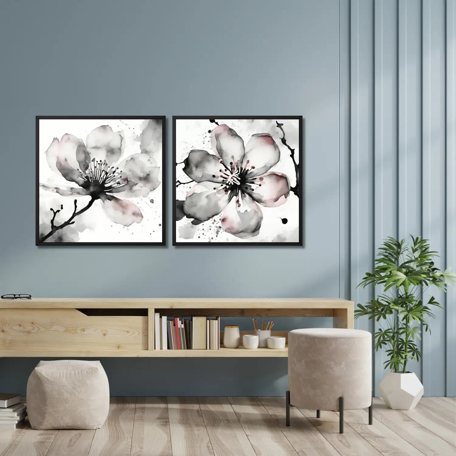 Sakura Zen - Conjunto de arte mural en blanco y negro 