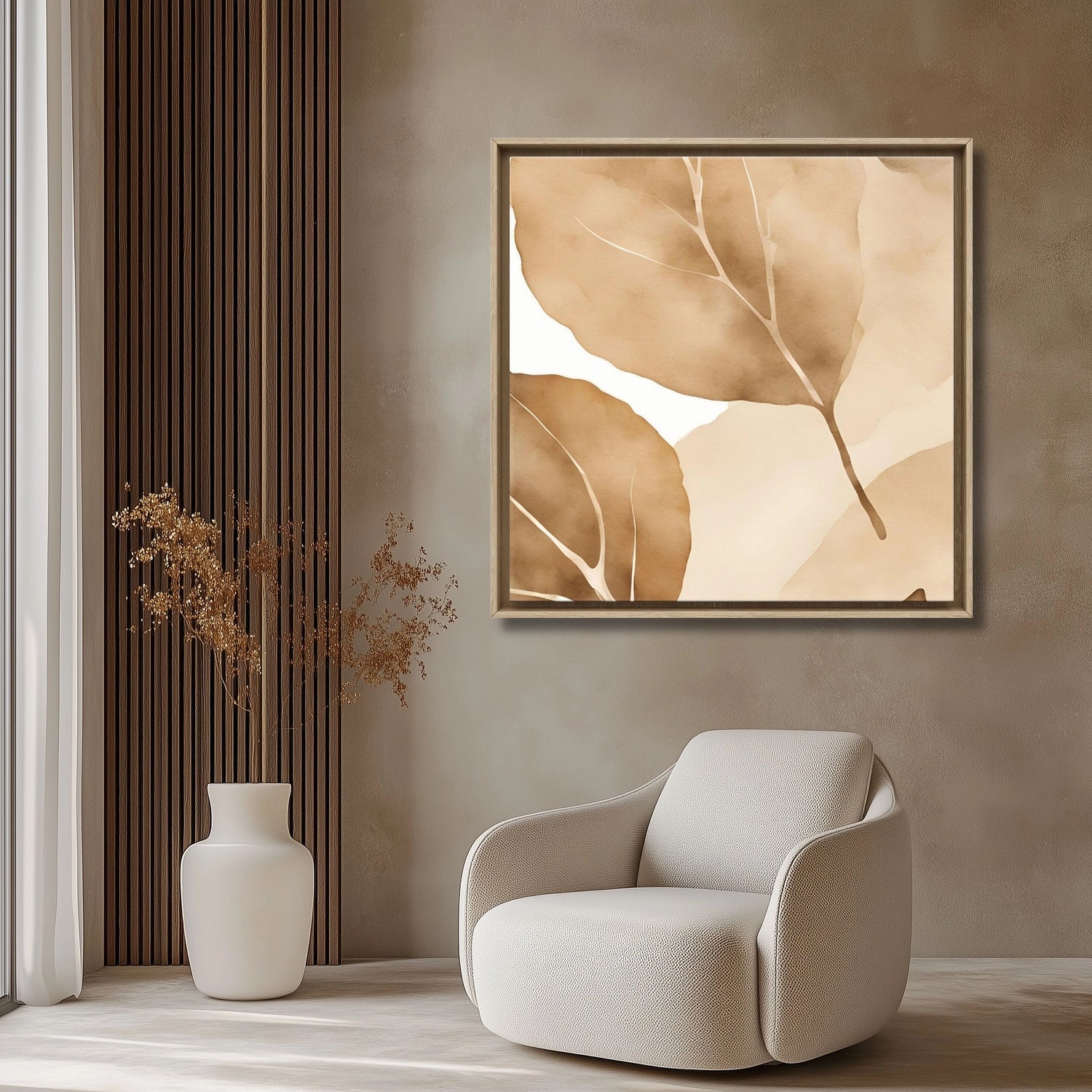 Sanctuary_Botanical Canvas Print in a natural  frame in a beige launge room with a white designer armchair. 