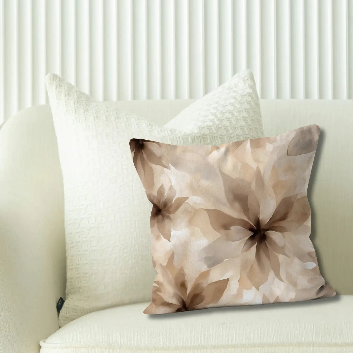 Solace - Floral linen throw pillow in tan