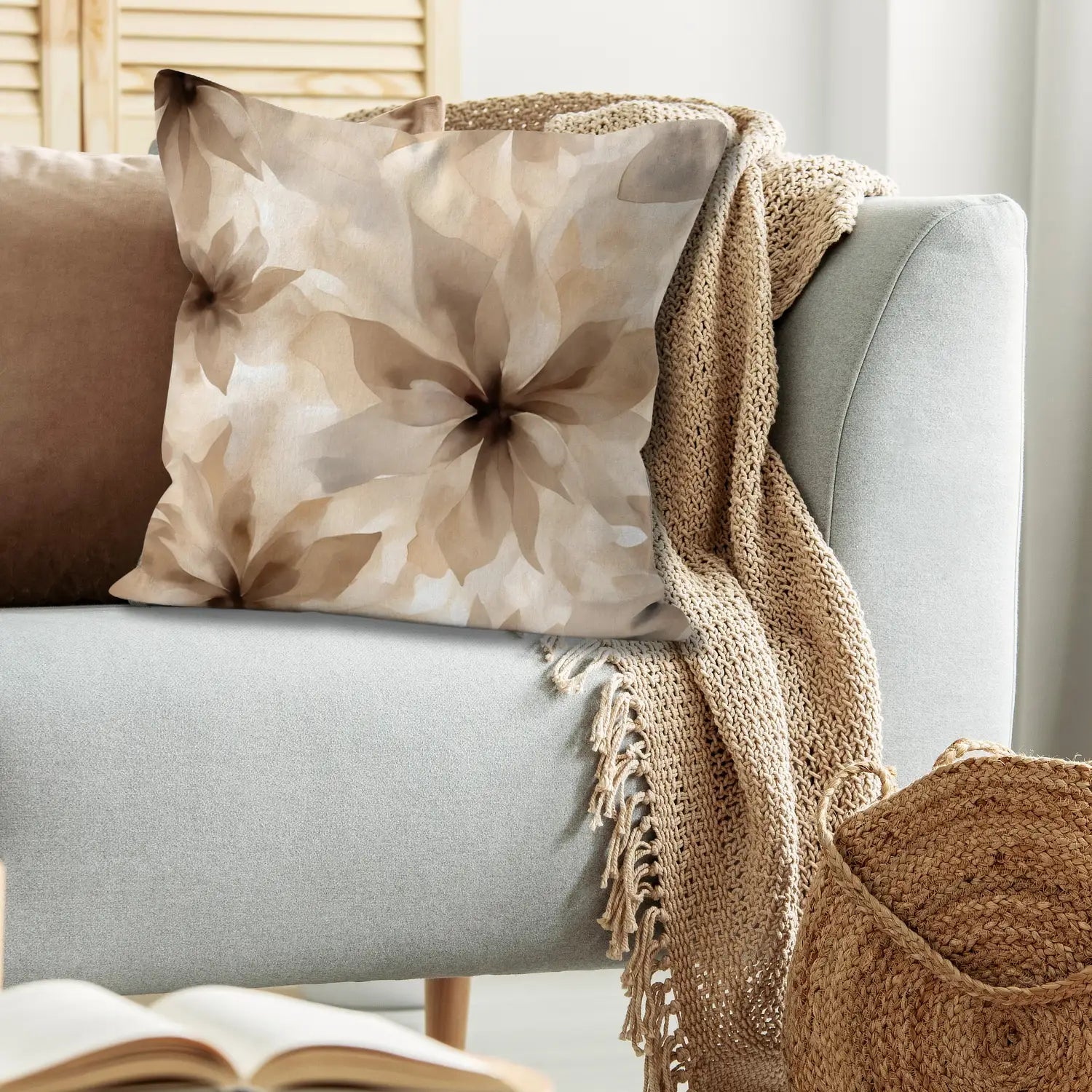 Solace - Floral linen throw pillow in tan