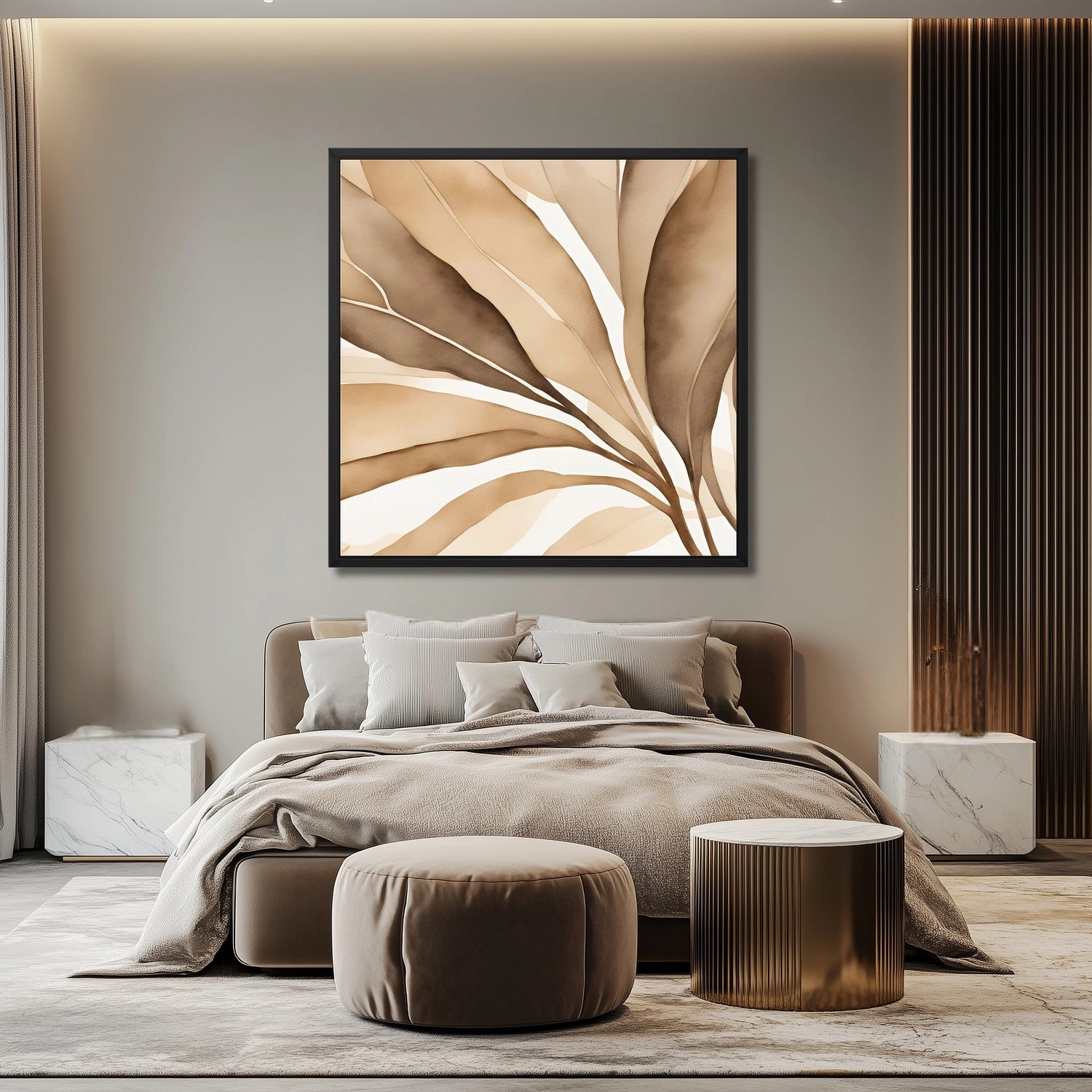 Modern bedroom in beige with framed abstract wall art in beige and white cozy textiles on the bed. 