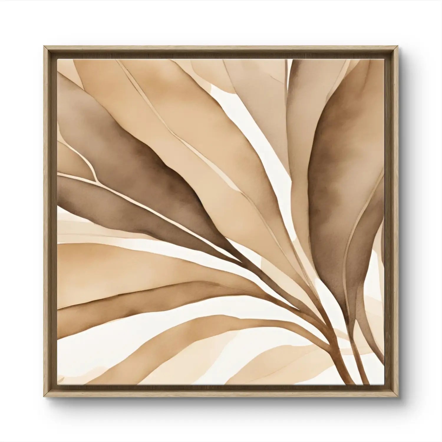 CLose up on a abstract wall art in beige in a natural wooden frame 