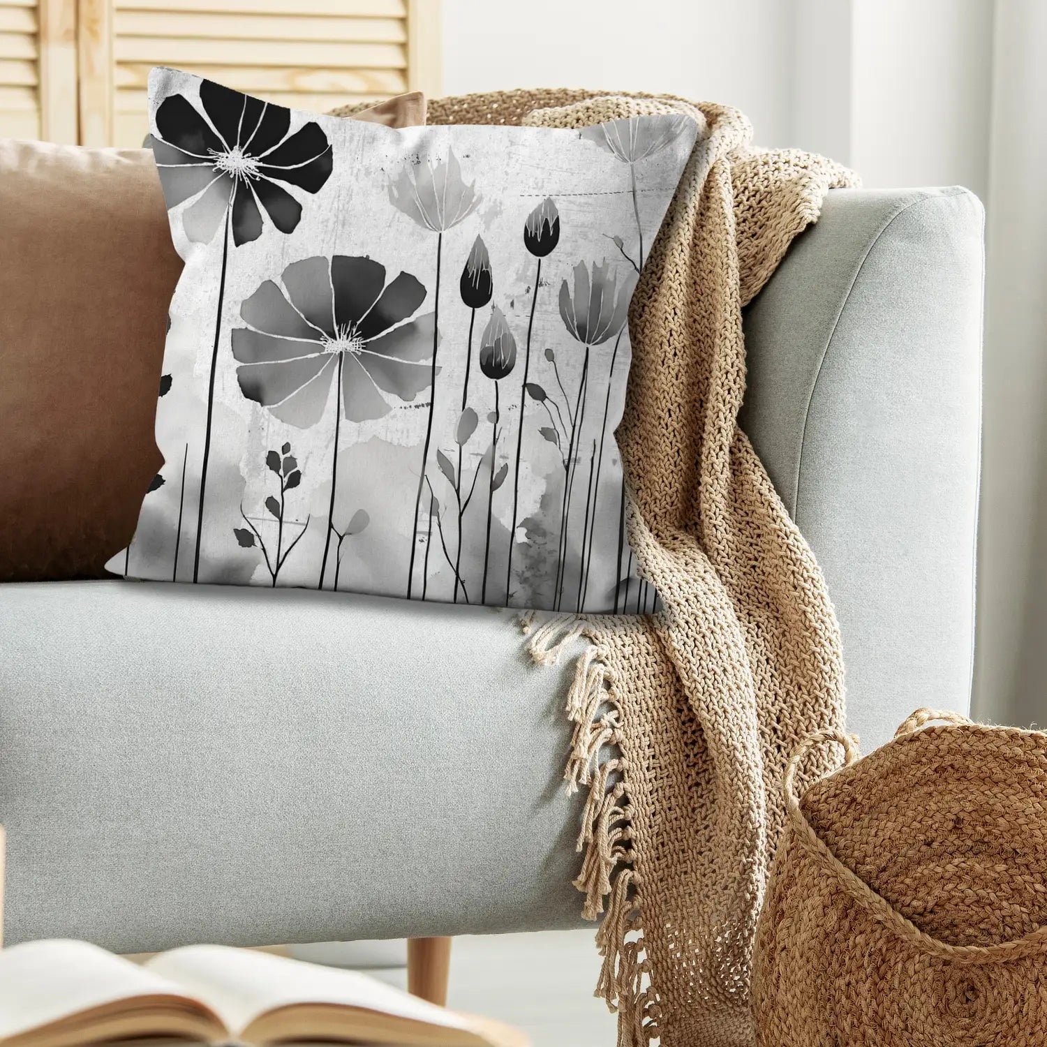 Unity - floral throw pillow in black and white